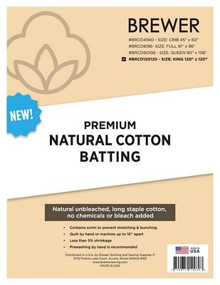 Brewer Premium Natural Cotton Batting 120 x 120 in King